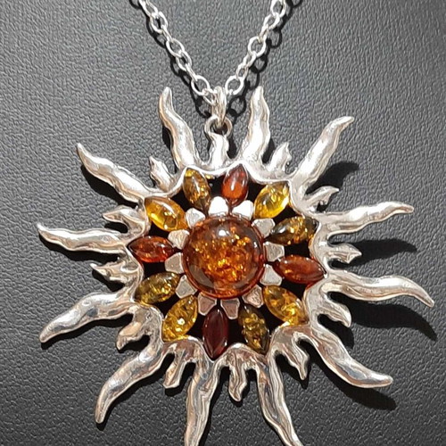 Sun pendant with Baltic amber in 925 silver, new, unworn