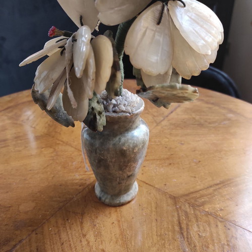 Vintage Chinese tree made of Jade and Rose Quartz stones, hand-carved, used
