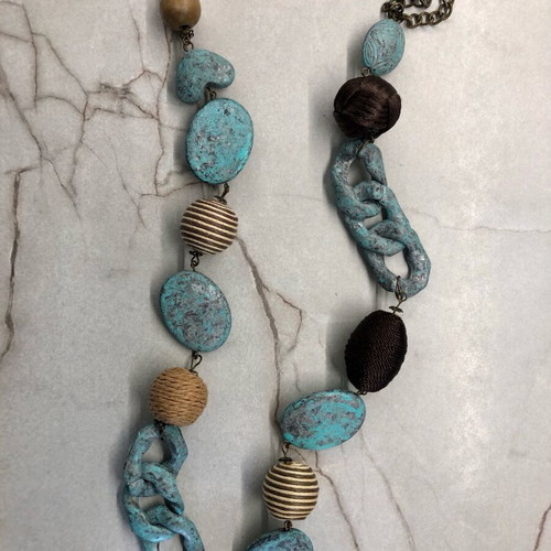 Boho necklace statement wood brown turquoise like new
