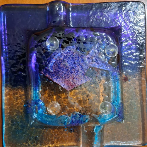 Handmade glass ashtray with blue fish design