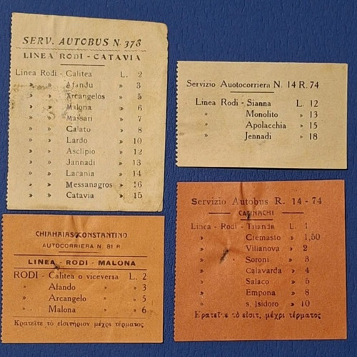 Vintage bus tickets from Rhodes Italian occupation 1920-1939, used set of 4