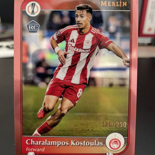 Topps Merlin 2024-25 Charalampos Kostoulas /250 RC Rose Gold Refractor Olympiakos card