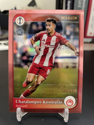 Topps Merlin 2024-25 Charalampos Kostoulas /250 RC Rose Gold Refractor Olympiakos card
