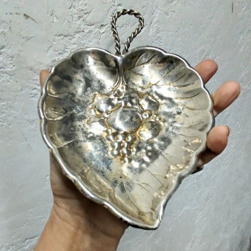 Vintage silver plated leaf-shaped plate used with embossed design