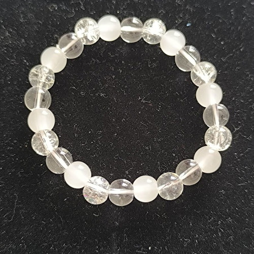 Bracelet with Quartz and White Cat's Eye beads new, elastic