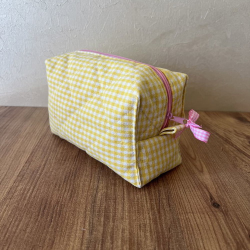 Handmade medium box pouch, pink and yellow
