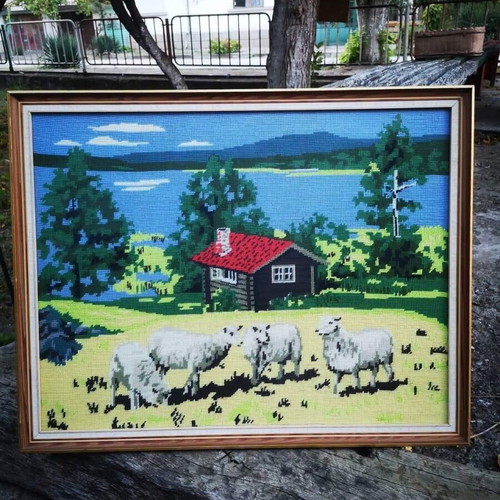 Vintage handmade tapestry used, framed, 64x50 cm