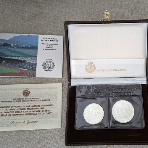 San Marino 1988 Silver Set 500 + 1000 Lire Olympics FDC with Case and COA