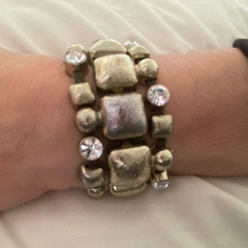 Vintage bracelet used, leather, metal, rhinestones, green and gold
