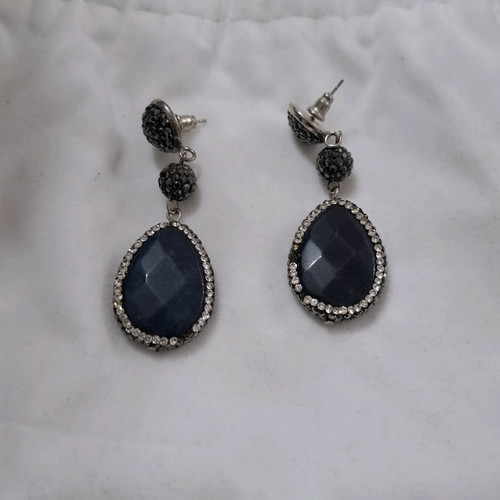 Handmade teardrop earrings with blue stone and rhinestones like new