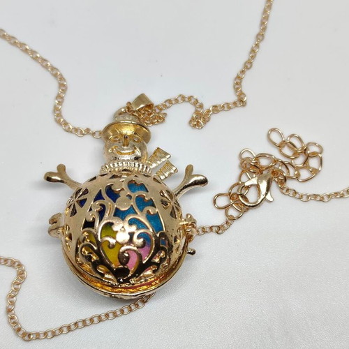 Snowman Pendant Necklace with Colorful Pom Poms like new, gold tone