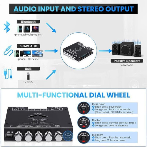 Audio Module Amplifier 2+1 Channels 2x220W + 350W Subwoofer Bluetooth USB TPA3255 Chip