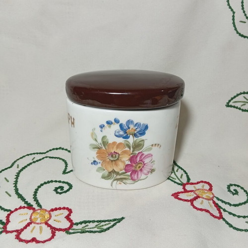 Vintage ceramic sugar container used with floral design and brown lid