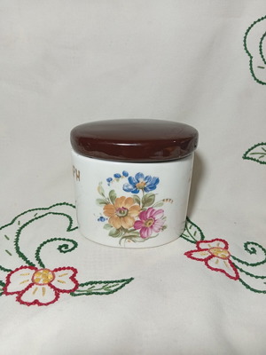 Vintage ceramic sugar container used with floral design and brown lid