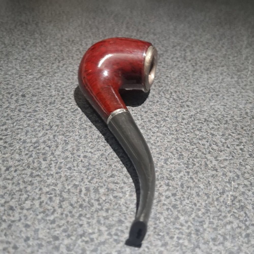 Bent Tobacco Pipe with Red Briar Finish and Metal Rim