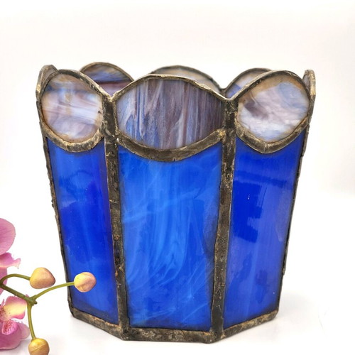 Vintage Dutch decorative candle holder used, blue Tiffany-style glass