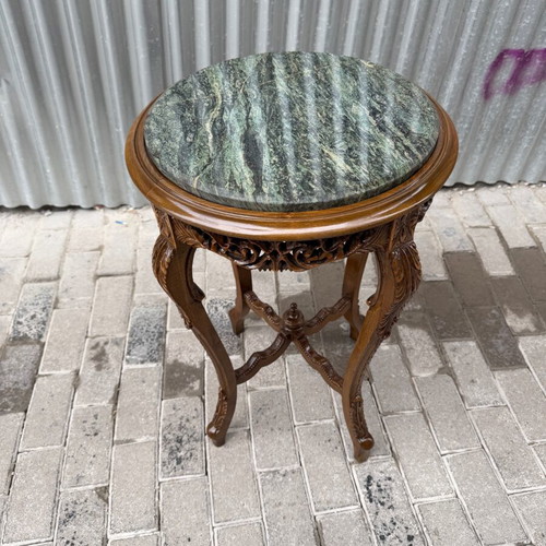Wood Carved Side Table with Marble Like New