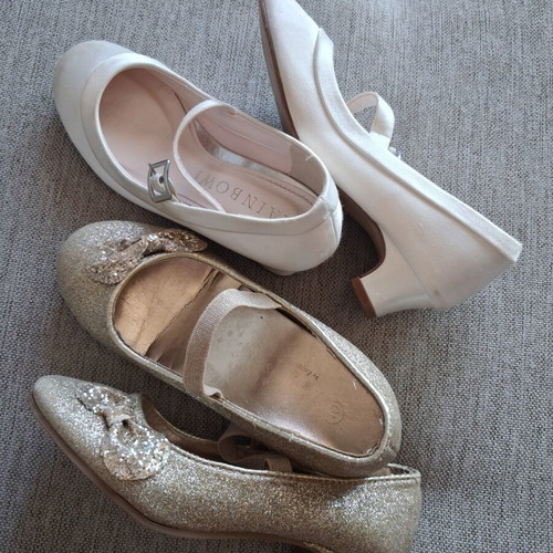 Girls' high heel shoes, white and gold, size 28