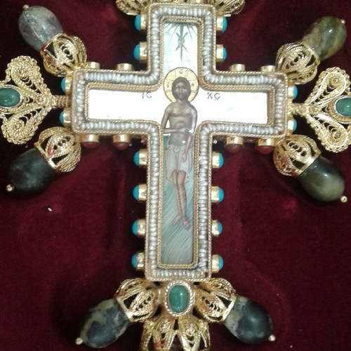 Silver gilded blessing cross with pearls and mineral stones