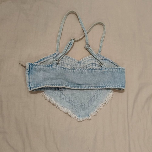 Denim crop top used heart-shaped Bershka, white and blue