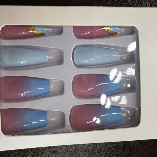 False nails new blue with design, with file and stickers