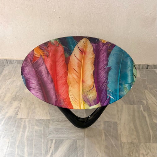 Modern glass coffee table with feather design 90x90 cm