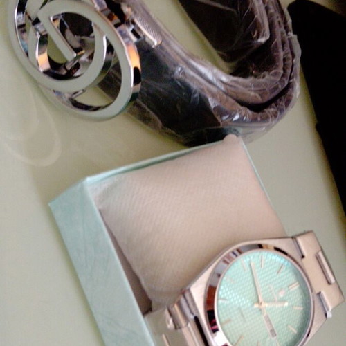 Luxury watch and leather belt set, new stainless steel