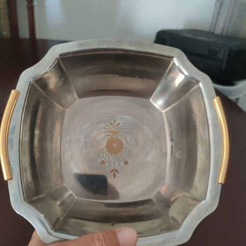 Vintage stainless steel serving bowl with gold handles and 24K engraved motif