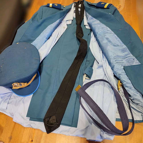 Complete old customs officer uniform used with jacket, shirt, pants, tie, cap, belt