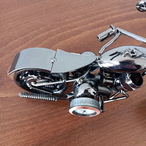 Handmade metal chopper motorcycle with new tabletop clock
