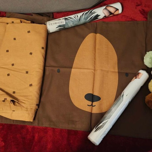 Children's room set with new bedding and forest animal stickers