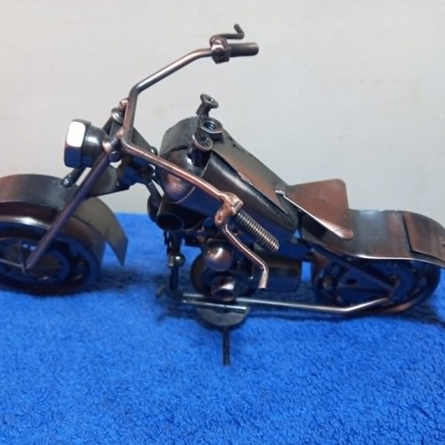Handmade miniature metal motorcycle sculpture used, vintage chopper style