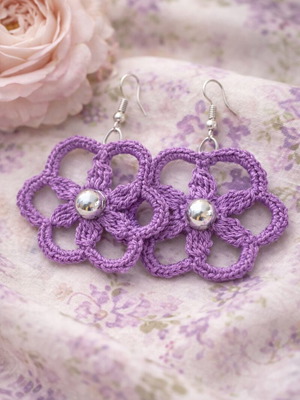 Handmade knitted flower earrings new with silver plastic bead