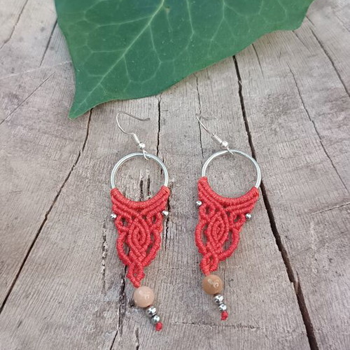 Macrame earrings with jasper bead new, orange