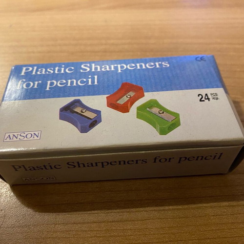 Box of 24 plastic sharpeners green, red, blue new