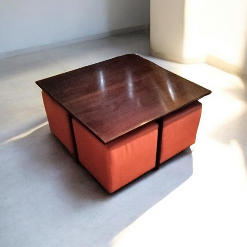 Tables with hidden poufs like new, handmade with glass top