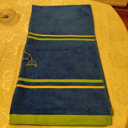 Beach towel new 1.50m x 75cm blue with yellow and green stripes