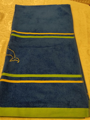 Beach towel new 1.50m x 75cm blue with yellow and green stripes