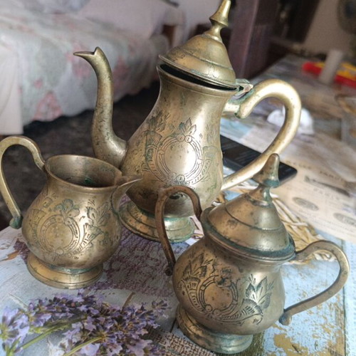 Brass tea set used, antique vintage decorative with embossed designs