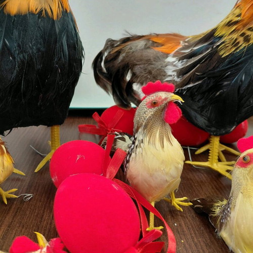 Decorative Easter hens, chicks and red eggs like new