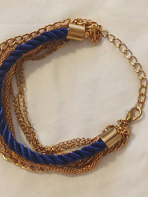 Women's bracelet with blue cord and gold chains, new