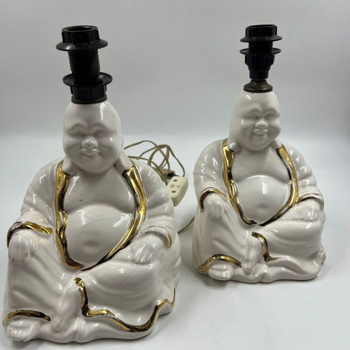 Buddha Table Lamps ceramic white with gold details set of 2 used