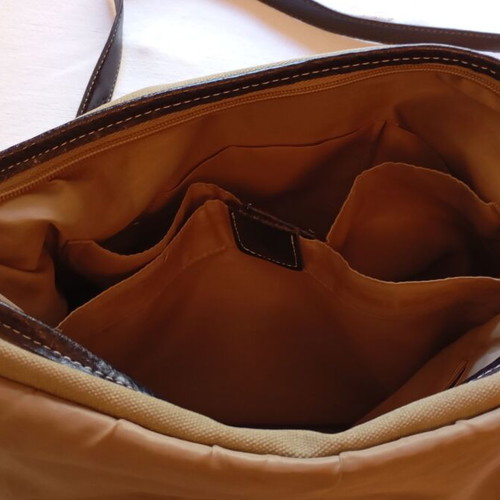 Women's crossbody bag like new, khaki fabric with brown leather straps