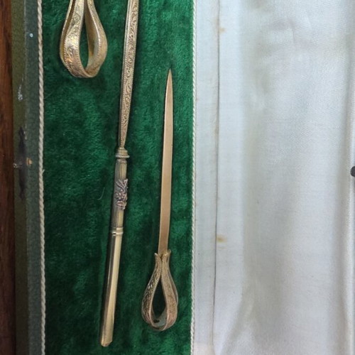 French Art Nouveau writing set used, gilded brass with penholder and seal