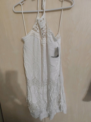 Boho Mini Dress Tunic with Crochet Details and Lace White New