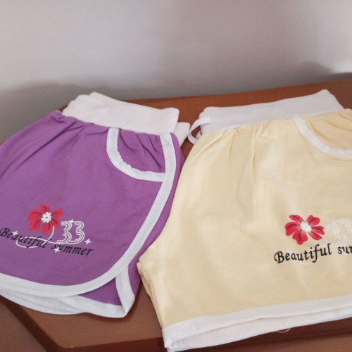 Women's shorts, purple and yellow, cotton, set of 2