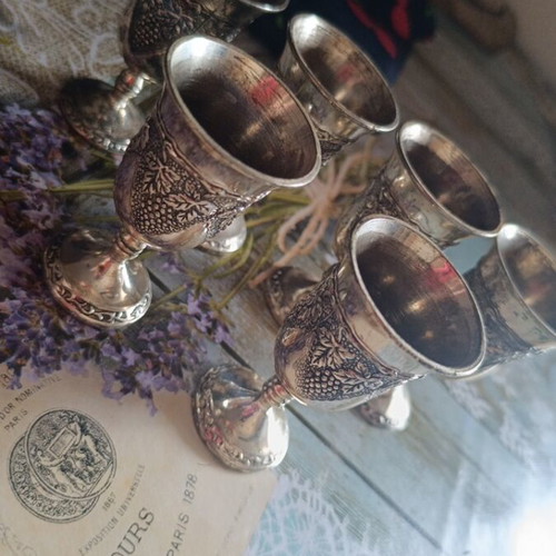 Vintage silver-plated liqueur glasses set of 6 used