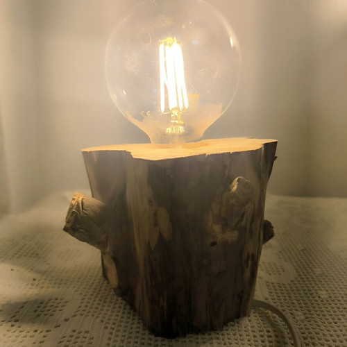 Handmade Oak Wood Table Lamp with Edison Bulb