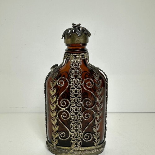 Vintage amber glass flask with filigree metalwork, 1930-1950