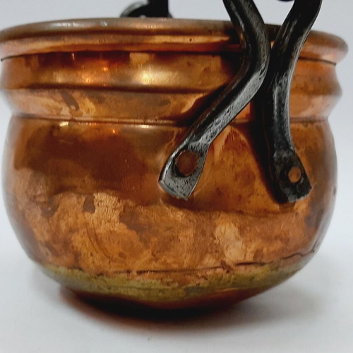 French copper cauldron hand hammered with forged iron handle, like new